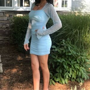 Elegant Blue Sheer Sleeve Dress